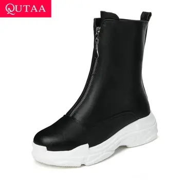 

QUTAA 2020 Autumn Winter Women Shoes Fashion Soft PU Platform Ankle Boots Front Zipper Comfort Sneakers Short Boots Size 34-43