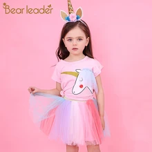 Платье для девочек от bear leader 2018 новый летний Повседневное Стиль мультфильм Единорог футболки + Красочные Тюлевое платье 2 шт. для девочек одежда 2-6Years