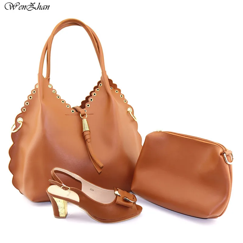 

Hot selling Brown Color High Heel shoes and bag set Best Match Italian shoe with matching bag lady matching shoes WENZHAN C96-24
