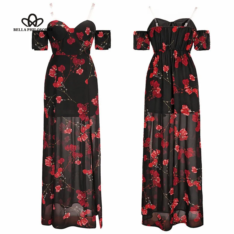 Wonder 2019 new bohemian printed A-line dress strapless high waist slash neck sexy floral dress split backless female dress