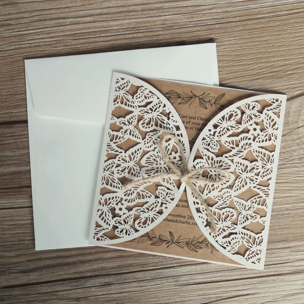  Rustic Wedding Invitation Butterfly Invitation Card With Hemp rope Customized wording - Set of 50 - 32889309183