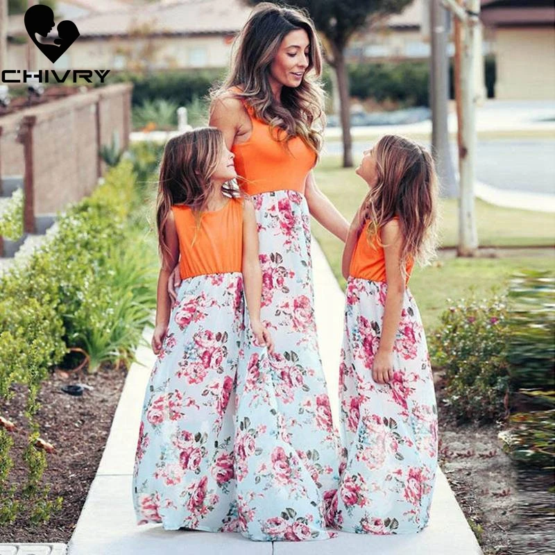 mother and daughter matching long dresses