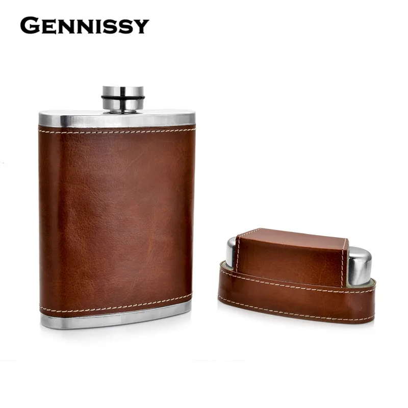 8oz Leather Covered Hip Flask With Caps Stainless Steel Flask For Alcohol Outdoor Travel Essential Goods