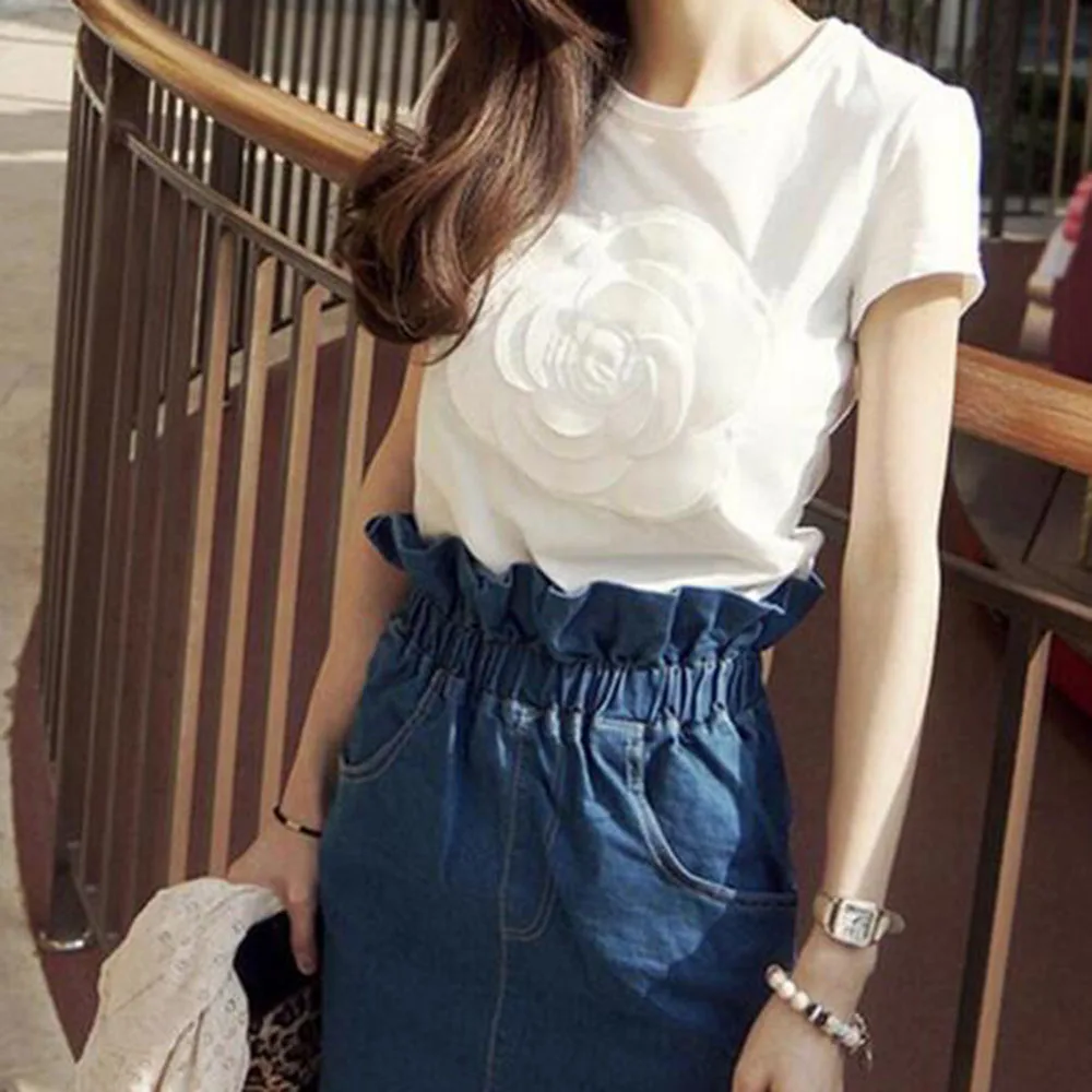 Prevalent Women Summer 3d Camellia Embroidery Luxury T-shirt Ladies Fashion Tops Slim Casual Vetement Female Tee Shirts Prevalent Women Summer 3d Camellia Embroidery Luxury T-shirt Ladies Fashion Tops Slim Casual Vetement Female Tee Shirts