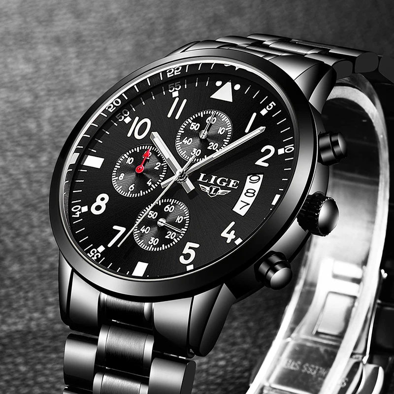 

New Fad Brand LIGE Men's Watches Top Brand Luxury Fashion Business Quartz Watch Men Sport Full Steel Waterproof Men Watch+B