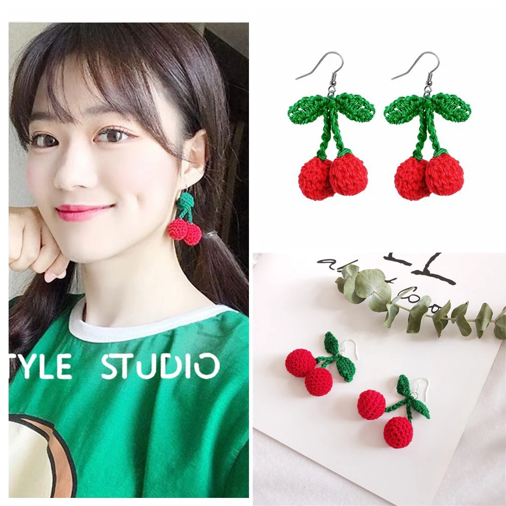 

1 Pair Korean Cute Knit Woolen Yarn Cherry Drop Earrings for Women Girls Handmade Pom Pom Ball Fruit Dangle Earrings Jewelry