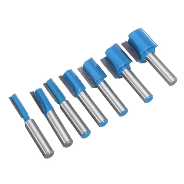 Wolke 7Pcs 8mm Shank Straight Router Bit Set 6mm/8mm/10mm/12mm/14mm/18mm/20mm Diameter Blue Milling Cutter for Wooden Cutting