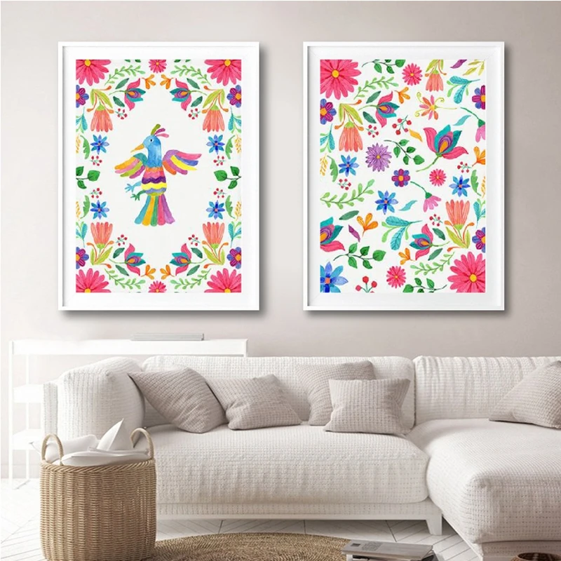 

Mexican Art Print Otomi Poster Mexican Embroidery Art Canvas Painting Colorful Pattern Mexican Folk Art Picture Home Room Decor