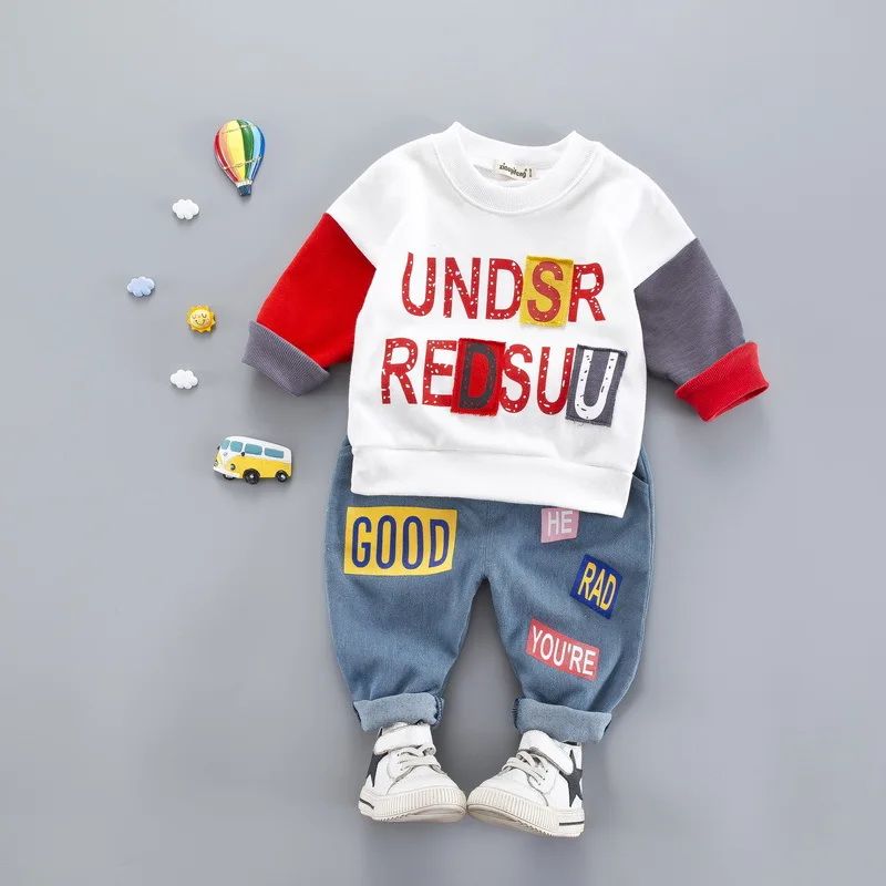 

Korean Alphabet Printing Stitching Long Sleeve Baby and Child Two-piece Non-Hat Guard and Trousers Suit