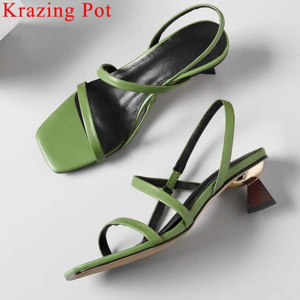

Krazing Pot natural leather slip on strange style wood med heels peep square toe slingback women sandals dating summer shoes L11