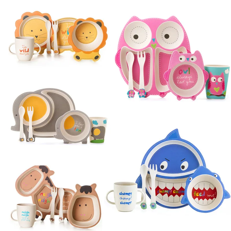 

5pcs/set Eco-friendly Bamboo Fiber Baby Dishes Sub-grid Plate Cartoon Creative Child Tableware Infant Toddler Feeding Dinnerware