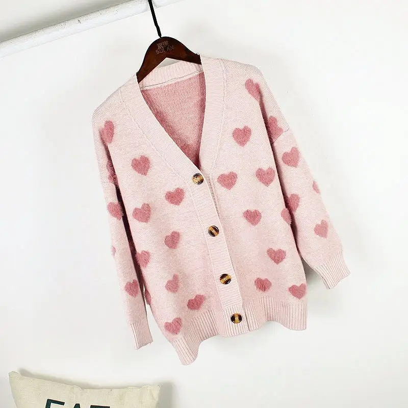 Женский милый вязаный свитер, пальто, модный милый узор в виде сердечек, норковая шерсть, вязаный Повседневный короткий кардиган, новинка - Цвет: Pink