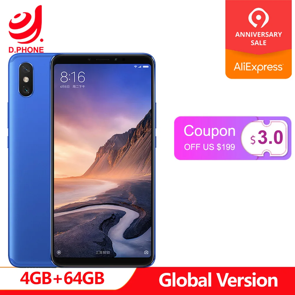 Глобальная версия Xiaomi Mi макс 3 Max3 4 Гб 64 6 9 &quotполный Экран Snapdragon 636 Octa Core 5500 мАч 12MP +