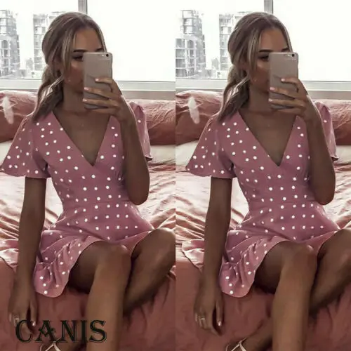 

Womens Summer Boho Dress Polka Dot Short Sleeve Cocktail Mini Sundress