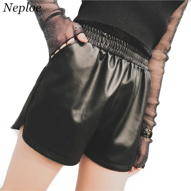 

Neploe 2019 Autumn Winter New Women PU High Waist Leather Shorts Female Korean Elastic Waist Loose Wide Leg Wild Short 66153
