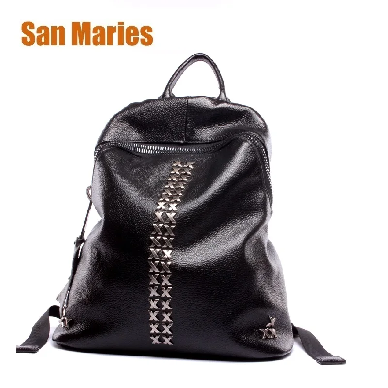 

San Maries Travel Backpack for Teenage Girls Cow Leather School Bag Backpack Mochila Feminina Rivet Backpacks Shoulder Bags 2018