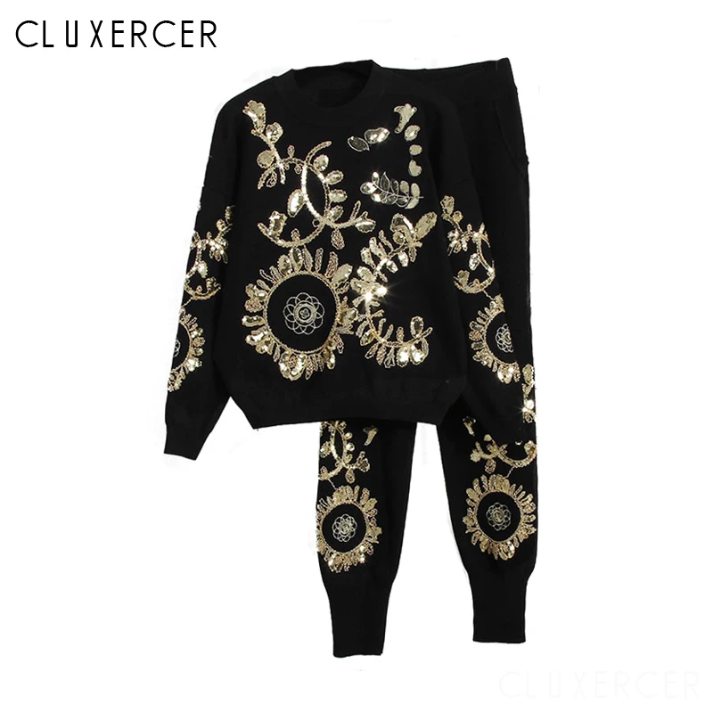 

Women Casual Fashion Tracksuits 2019 New Sequined Pullover Top Sweatshirt Loose Long Pants 2 Piece Sets Sweat Suits Female set