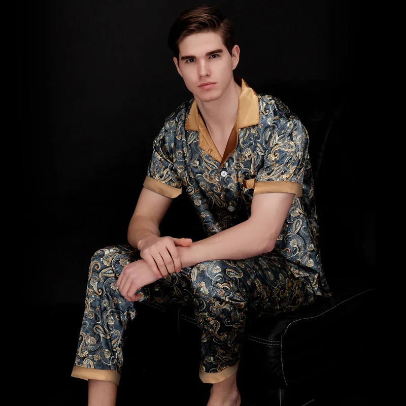 

2017 Man's Casual Loose Silk Pamajas with Middle Sleeve Regular Sleeve and V neck,Comfortable Summer Pajamas for men TZ021 SY018