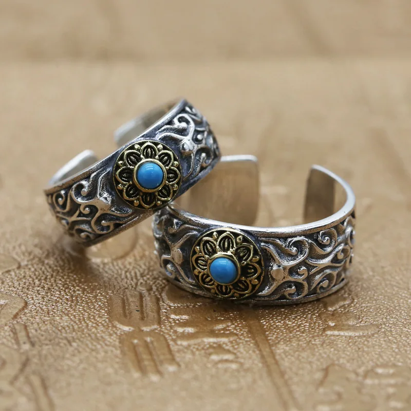 

Vintage Pure Thai Silver Vine Band Cuff Ring For Men Women 100% Real Sterling Silver 925 Set Natural Blue Stone Couple Ring Gift
