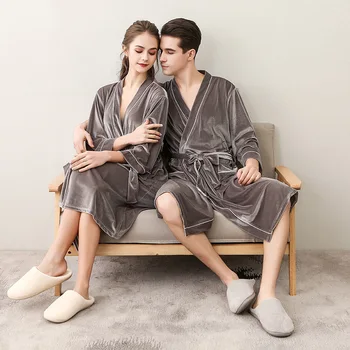 

GRAY Chinese Female Autumn Winter Robe Gown Women Velvet Velour Sexy Nightwear Long Sleeve Couple Lovers Pajamas Kimono M XL 3XL