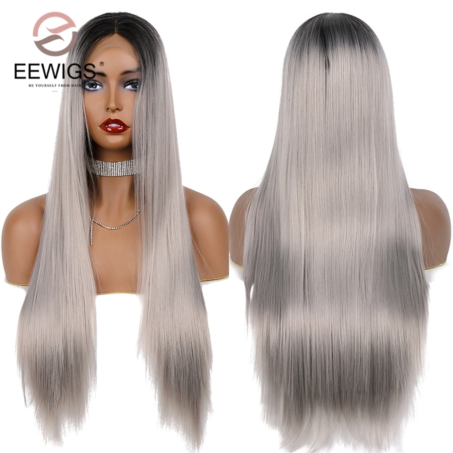 

EEWIGS Sliver Grey Heat Resistant Straight Synthetic Lace Front Wigs with Natural Hairline Ombre Middle Part Wig for Black Women