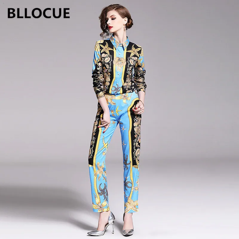 

BLLOCUE High Quality Runway Designer Suit Set 2019 Fall Women Conch Seashell Print Retro Top Shirt+Full Length Trouser Pant Set