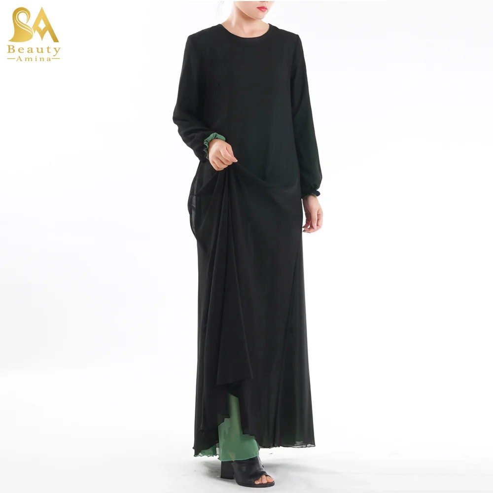 Мусульманские взрослые могут носить обе стороны поддельные две части модные шифоновые мусульманские платья абайя музыкальный халат молитвы Рамадан Абая wj2845 - Цвет: black with green