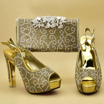

New African Elegant Gold Color Shoes And Bag To Match Set Nigerian Italian High Heels Party Shoes And Bag Set For Wedding Dress