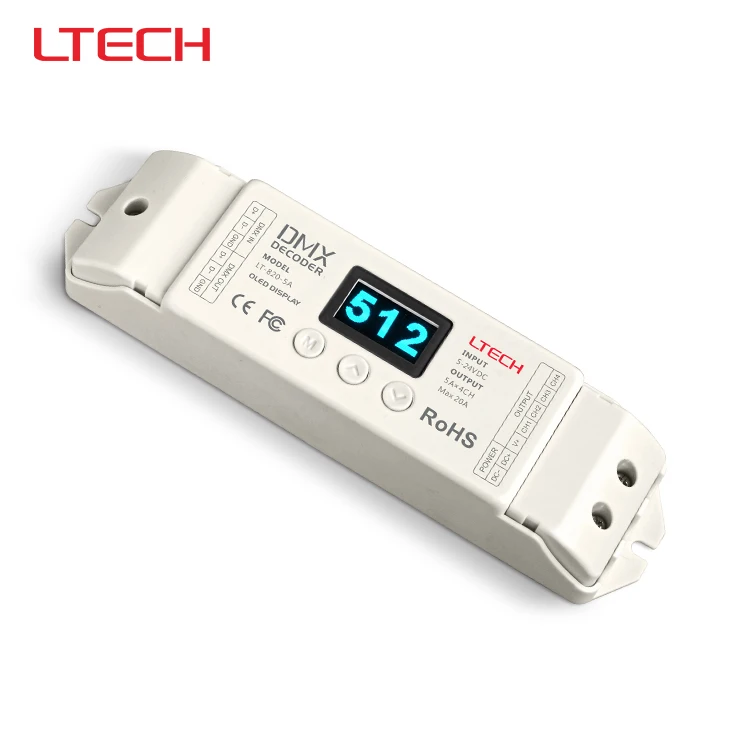 

LT-820-5A LED DMX-PWM Led Decoder(8/16 bits optional,OLED Display);5A*4channel output for rgb/rgbw/rgbww led strip/