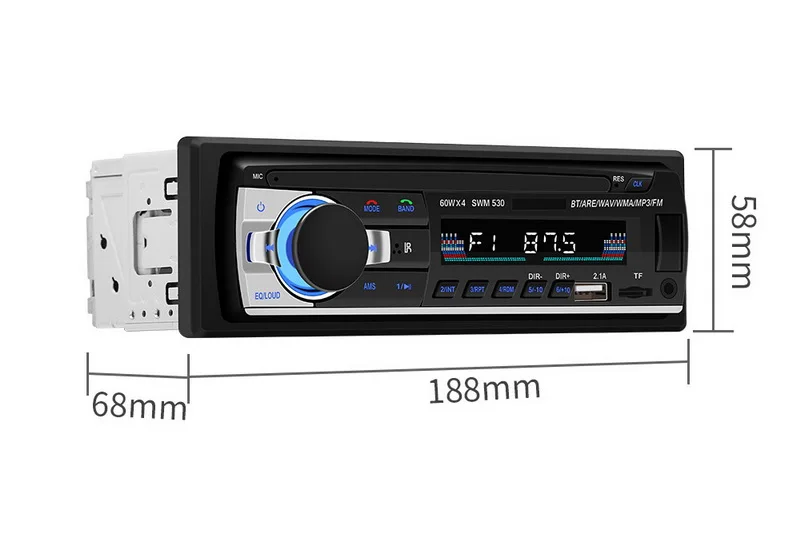 1 Din Bluetooth In Dash 530 Стерео FM DC 12V USB 2.1 Пульт дистанционного управления RCA AUX MP3 Audio Player Поддержка громкой связи