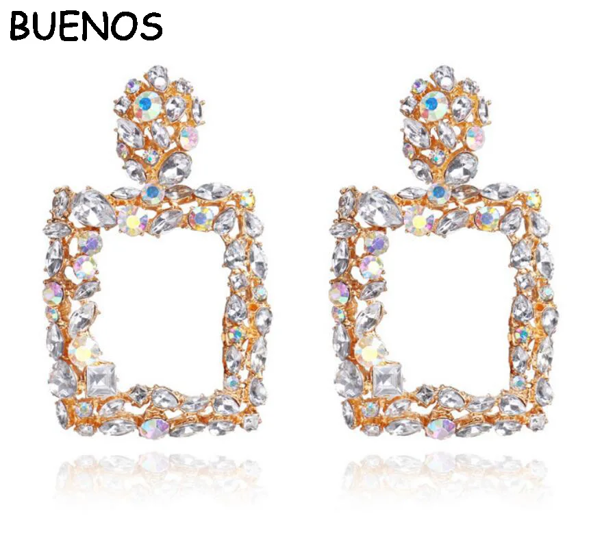 

BUENOS Eexaggerated Geometric Earrings Top Brand Earrings for 2019 Women New Retro Color Crystal Square Shaped Female Jewelty