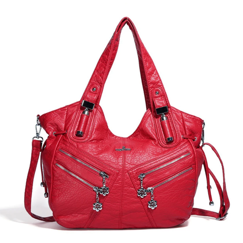 

Ladies simple solid color shoulder bag multi-purpose large capacity zipper hobo bags luxury soft washed PU leather shopping bag