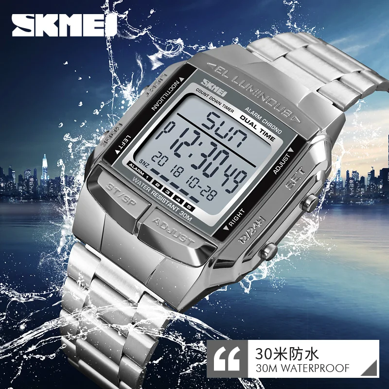 

1381 Men Watch Square Stainless Steel Digital Business Wristwatch Waterproof Relogio Masculino SKMEI Style Shock male