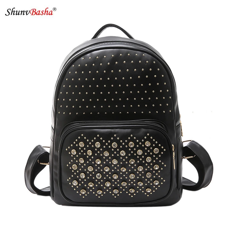 Women s backpack European and American rivet backpack 2017 New women s casual pu leather Vertical