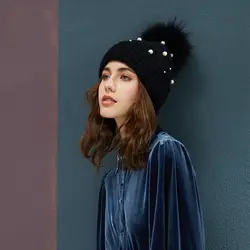 Pom Poms hat Beanies зимняя шапка реального енота Мех животных женский для женщин вязаный хлопок толстый кепки 2019, новая мода теплая шапочка 12466