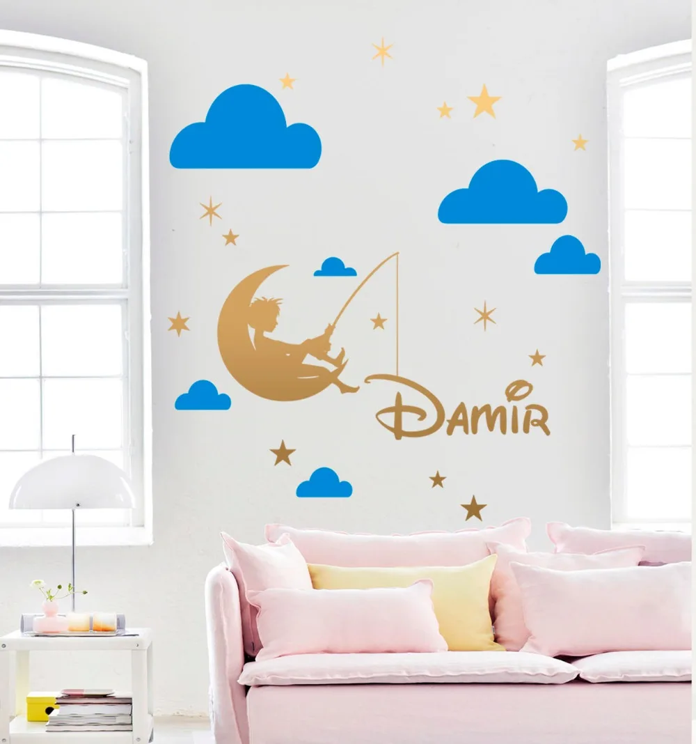 Fishing Boy on the Moon with Personalized Name Wall Decal Moon and Clouds Custom Wall Sticker for Boy's Room 829C Fishing Boy on the Moon with Personalized Name Wall Decal Moon and Clouds Custom Wall Sticker for Boy's Room 829C