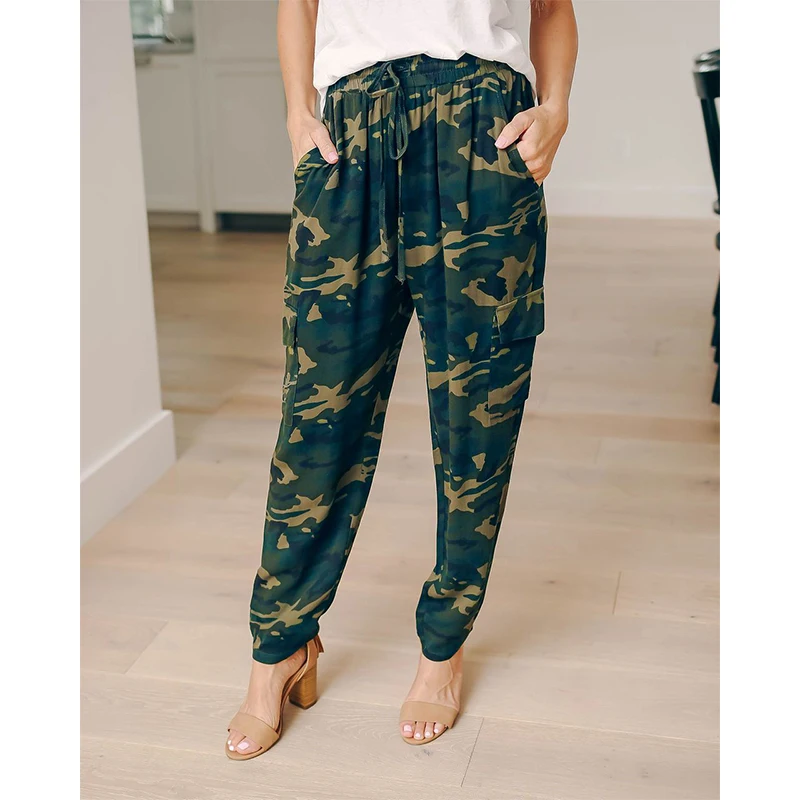 

2019 Summer New Women Sexy ArmyGreen Safari Style Drawstring Comfortable Camouflage Print Slacks Female Pockets Trousers F4