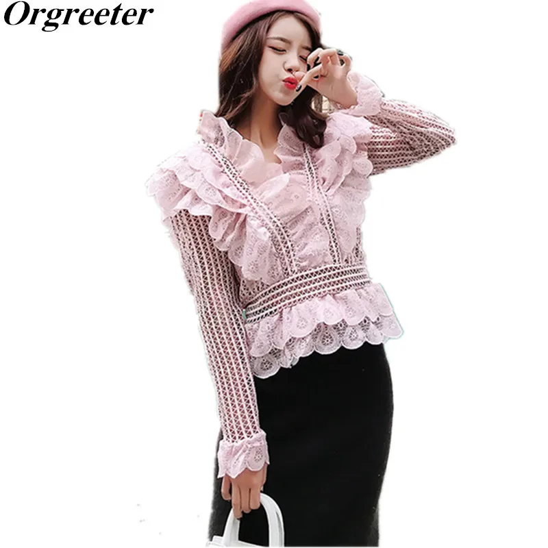 

Spring Summer Sexy Perspective Women's Shirts Blouse Long Sleeve Cascading ruffle V-neck Lace Tops Female 2019 New Fashion