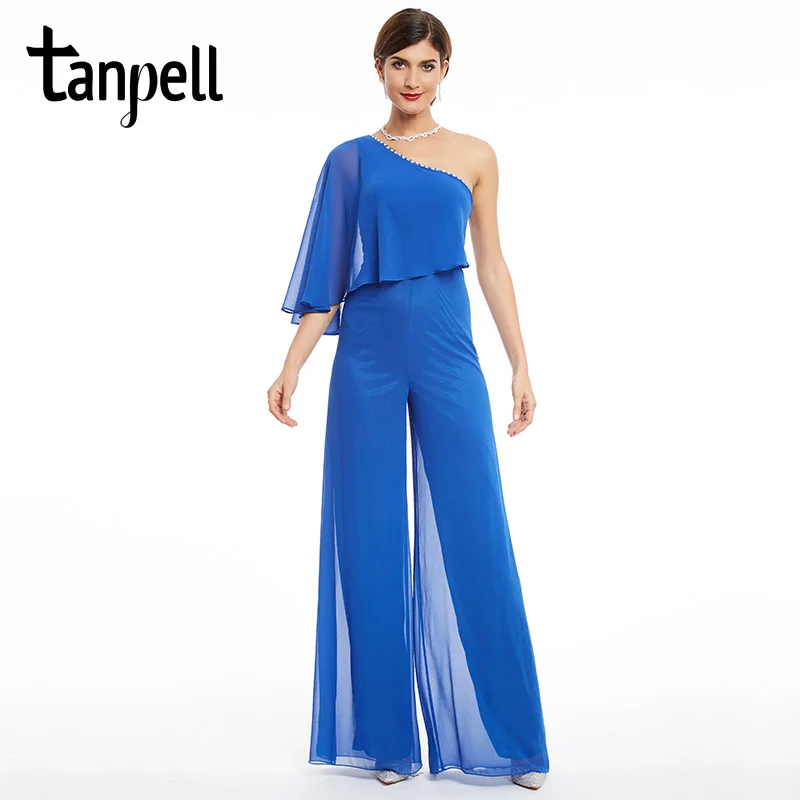 

Tanpell one shoulder evening dress dark royal blue a line floor length dress beading chiffon long backless jumpsuit evening gown