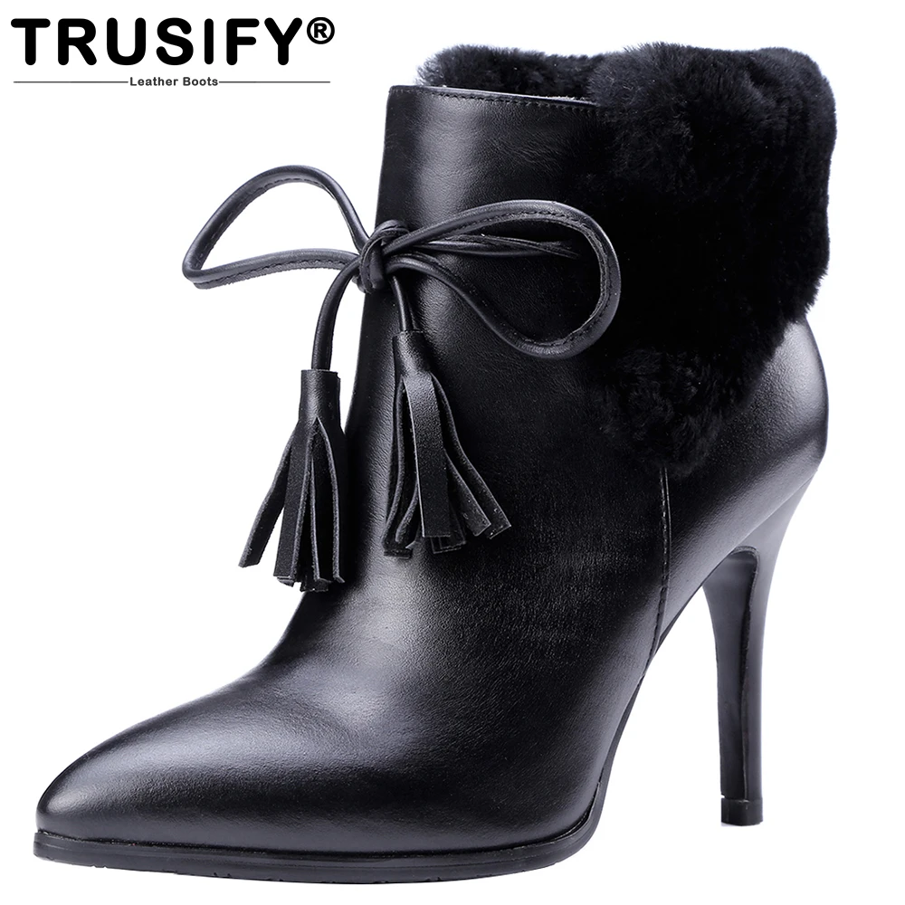 

TRUSIFY 2017 Ohaccustomed Cow Leather Ankle boots Lace Up Knight boots Pointed Toe Thin Heels Rubber Shoes Woman High Heel Boots