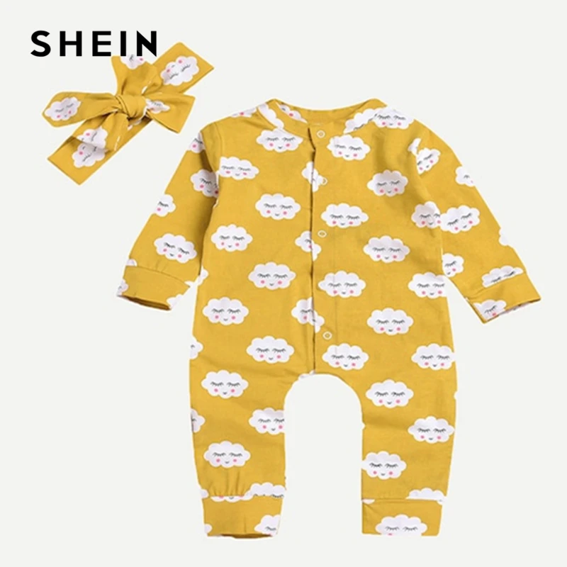 

SHEIN Kiddie Girls Stand Collar Cloud Print Casual Jumpsuit With Headband Kids 2019 Spring Long Sleeve Children Cute Jumpsuits