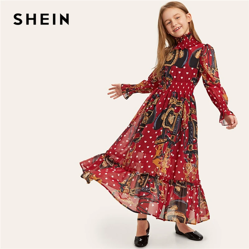 

SHEIN Kiddie Stand Collar Elastic Waist Ruffle Hem Chain Print Maxi Girl Dress 2019 Long Sleeve Casual Kids Dresses For Girls