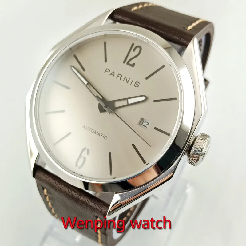 

43mm PARNIS watches Grey Dial polished Bezel luminous hands Sapphire Glass Date Miyota 821A Automatic Movement men's Watch W2770