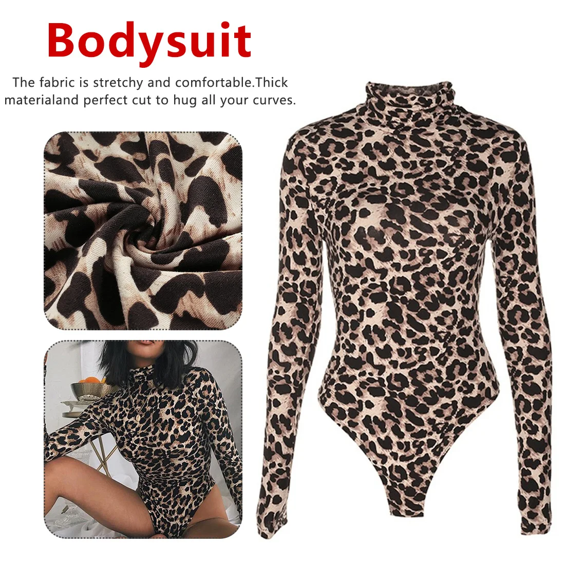 

Leopard Bodysuit for Women Sexy Skinny Body Suit Turtleneck Long Sleeve Printed Romper Jumpsuits