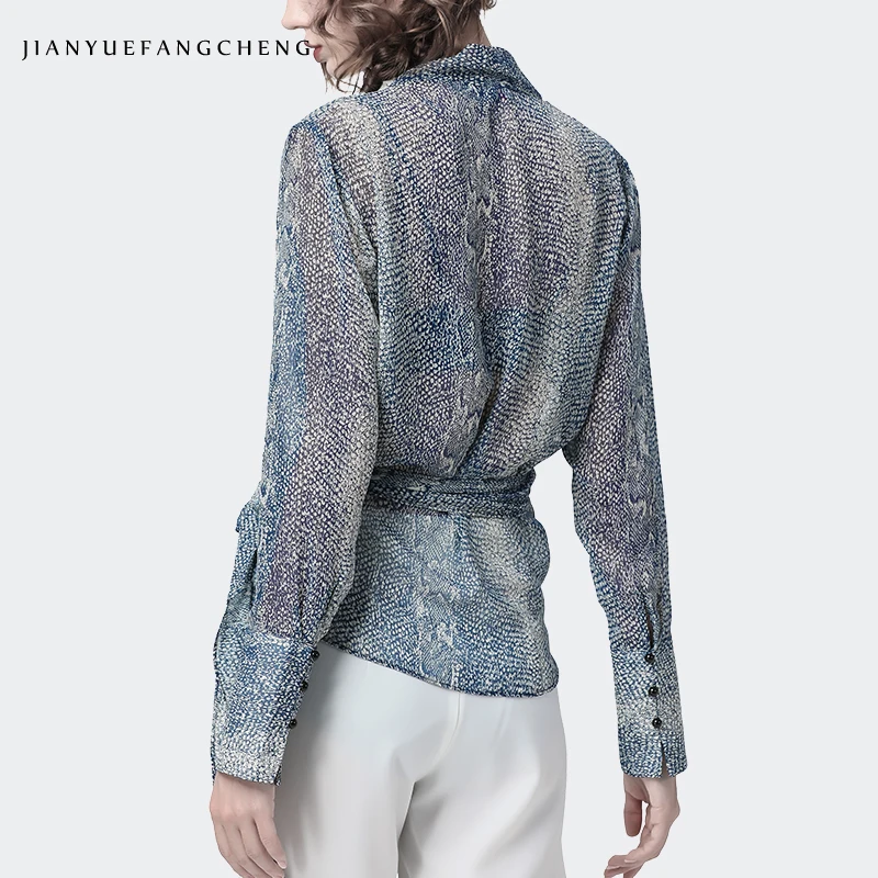 Luxury Snake Skin Print Blouse Women Crossed V