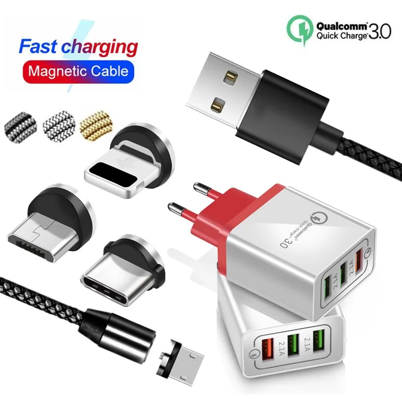 

For iphone 6 7 8 X Quick Charge 3.0 USB Magnetic Charger Cable For Huawei honor 20 pro 10 lite 20i 10i Xiaomi mi 9 8 Samsung S10