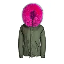 Корейский дизайн Army Green короткая парка реального racccoon меховым воротником модный розовый Меховая куртка