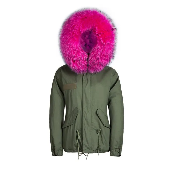 army green jacket with pink fur hood