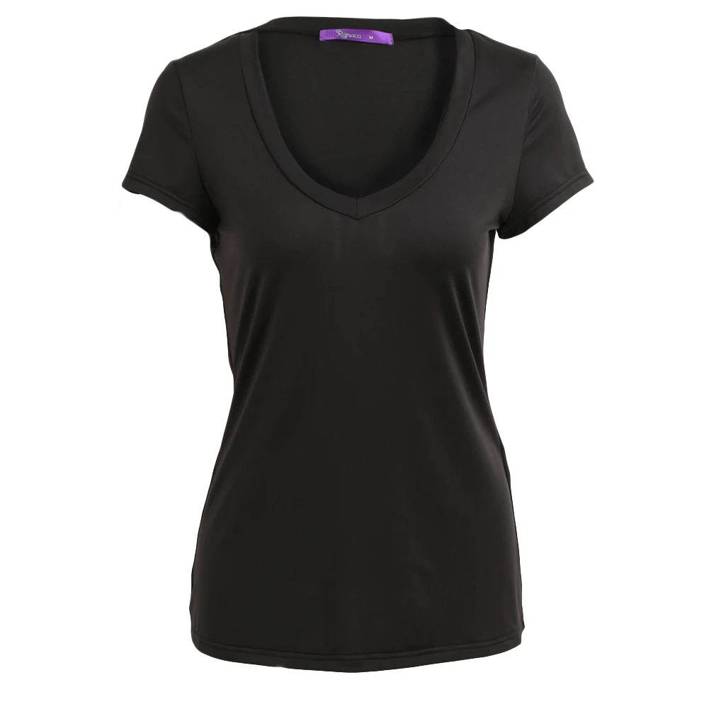 

5XL Plus Size T shirt Fashion Women Solid Basic Casual T-Shirt Deep V-Neck Short Sleeve Slim Waist Tees Shirt Femme Black Top
