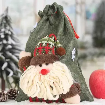 安い サンタクロースヘラジカ人形巾着キャンディーバッグクリスマスギフトグリーティングカードカード壁掛けリネンバッグパーティークッキーキャンディーパッケージギフトバッグ